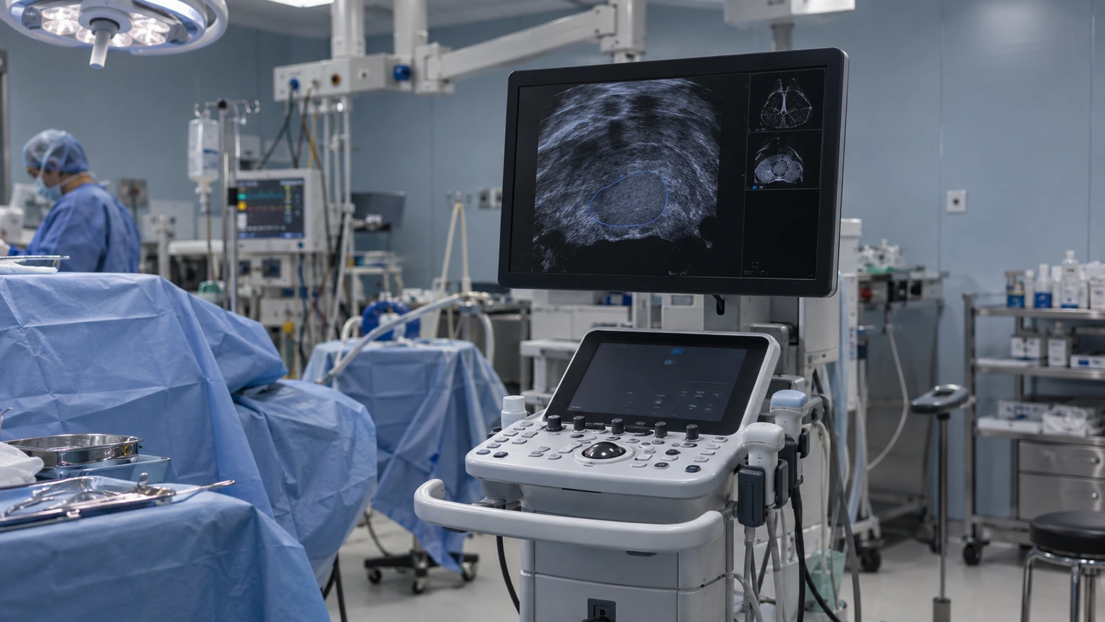 Illustration d’une station d’échographie et de fusion d’images utilisée pour guider les biopsies prostatiques.