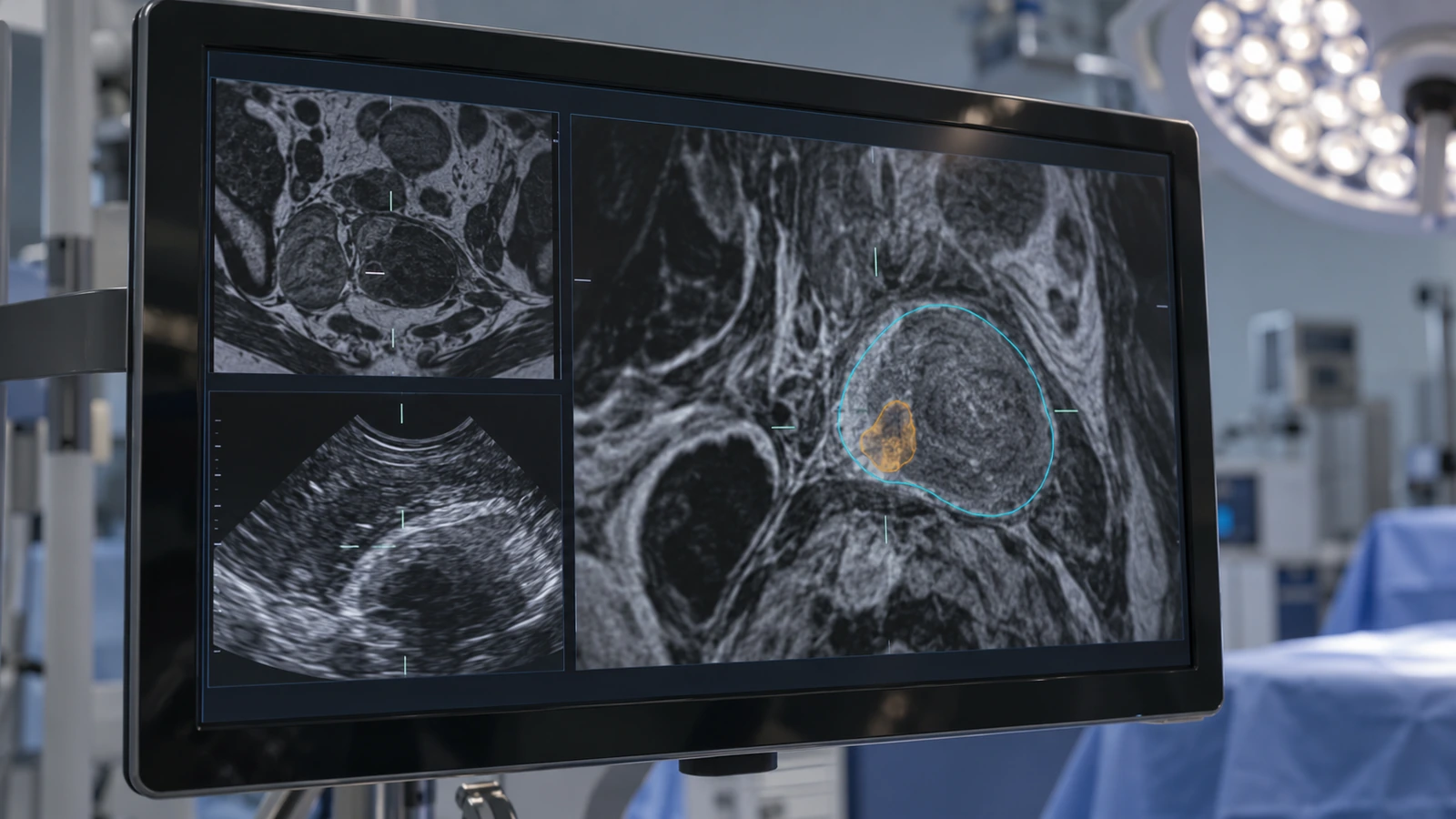 Écran présentant des images de la prostate et le repérage d’une zone à examiner.