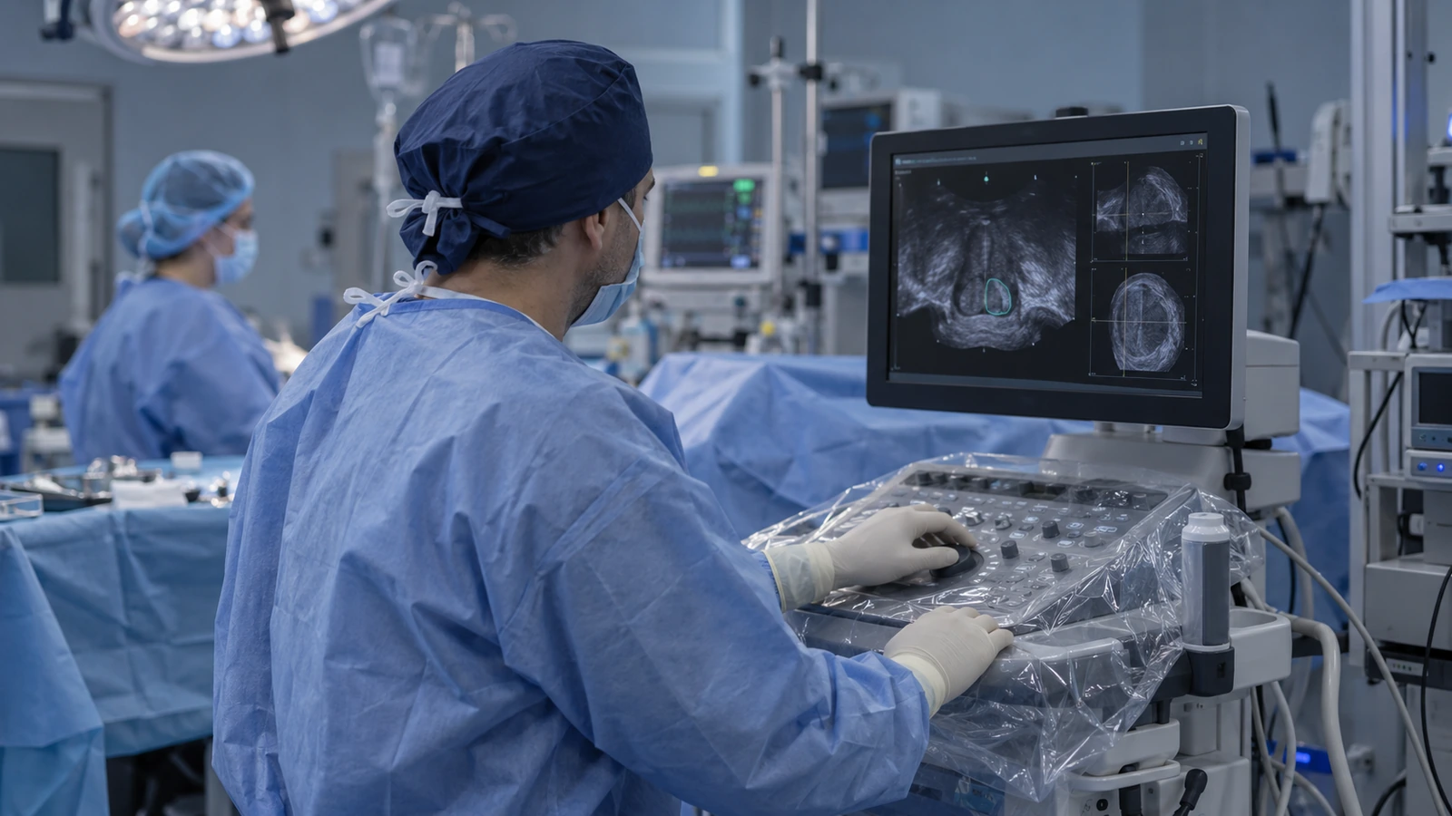 Un urologue contrôle les images pendant des biopsies de la prostate.