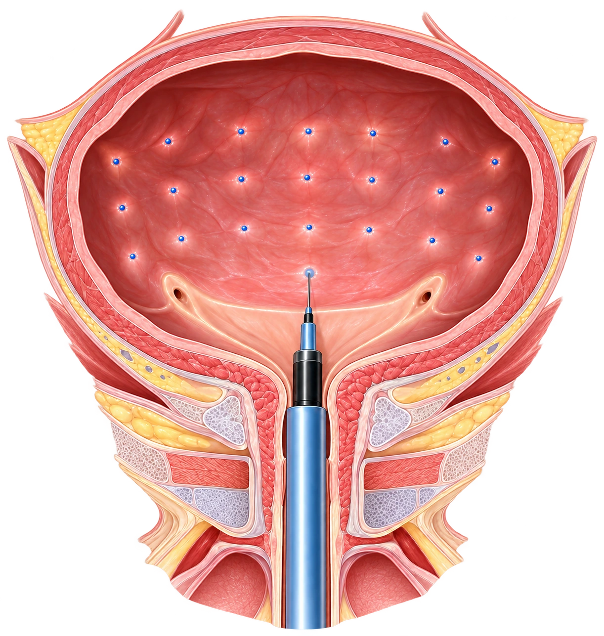 Vue d’ensemble des injections dans la paroi de la vessie, avec l’instrument introduit par l’urètre.