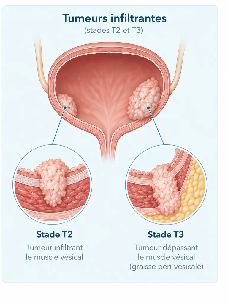 Tumeurs de vessie infiltrant le muscle : stades T2 et T3.