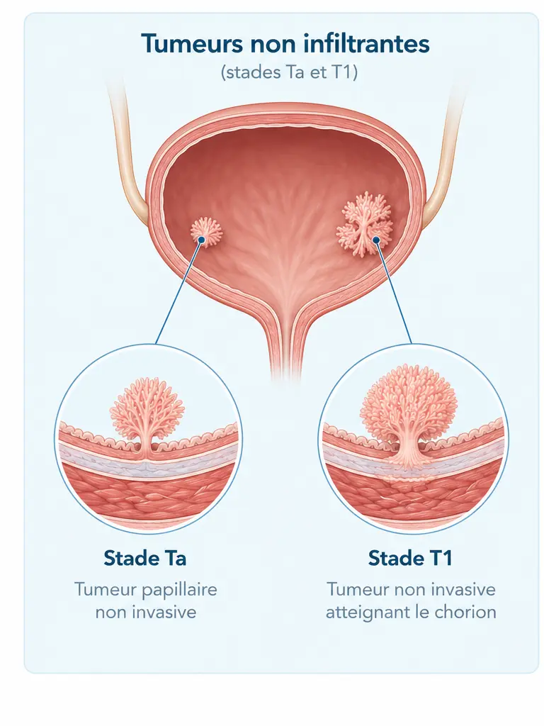 Tumeurs de vessie n’infiltrant pas le muscle : stades Ta et T1.