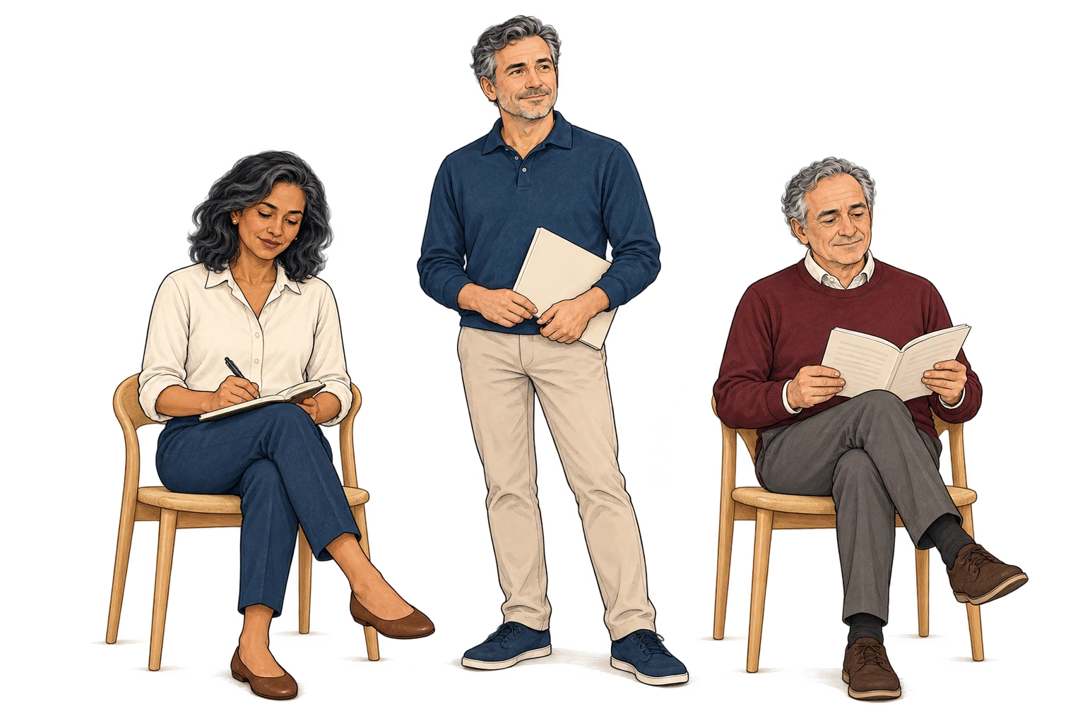 Trois patients préparent leurs questions et leurs documents avant une consultation.