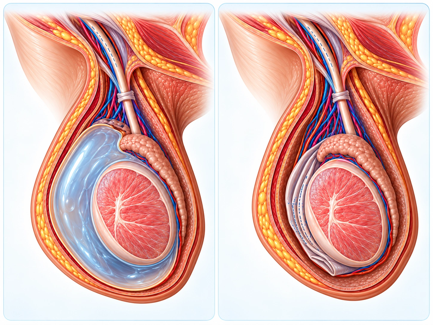 À gauche, le liquide entoure le testicule. À droite, le principe du traitement chirurgical, en conservant le testicule.
