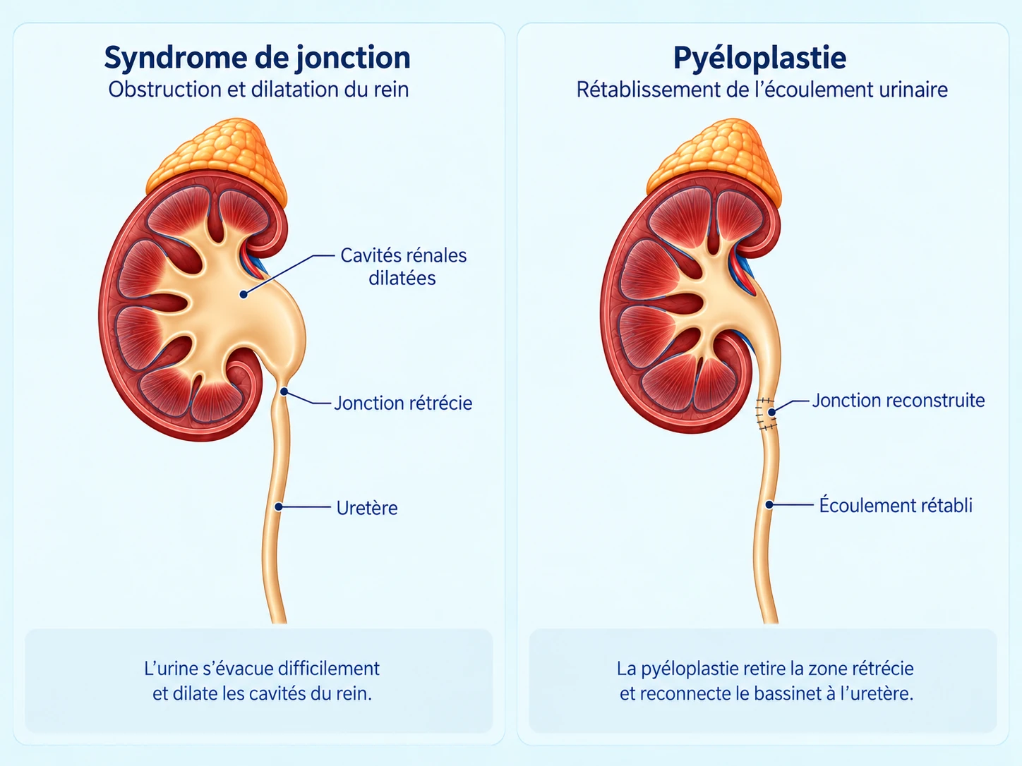 Comparaison entre une jonction rein-uretère rétrécie avec dilatation et une jonction reconstruite après pyéloplastie