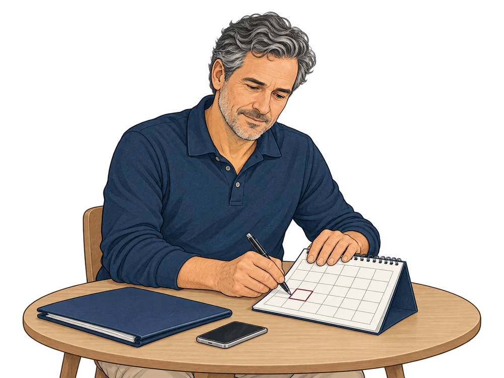 Un patient note ses prochains rendez-vous dans un calendrier.