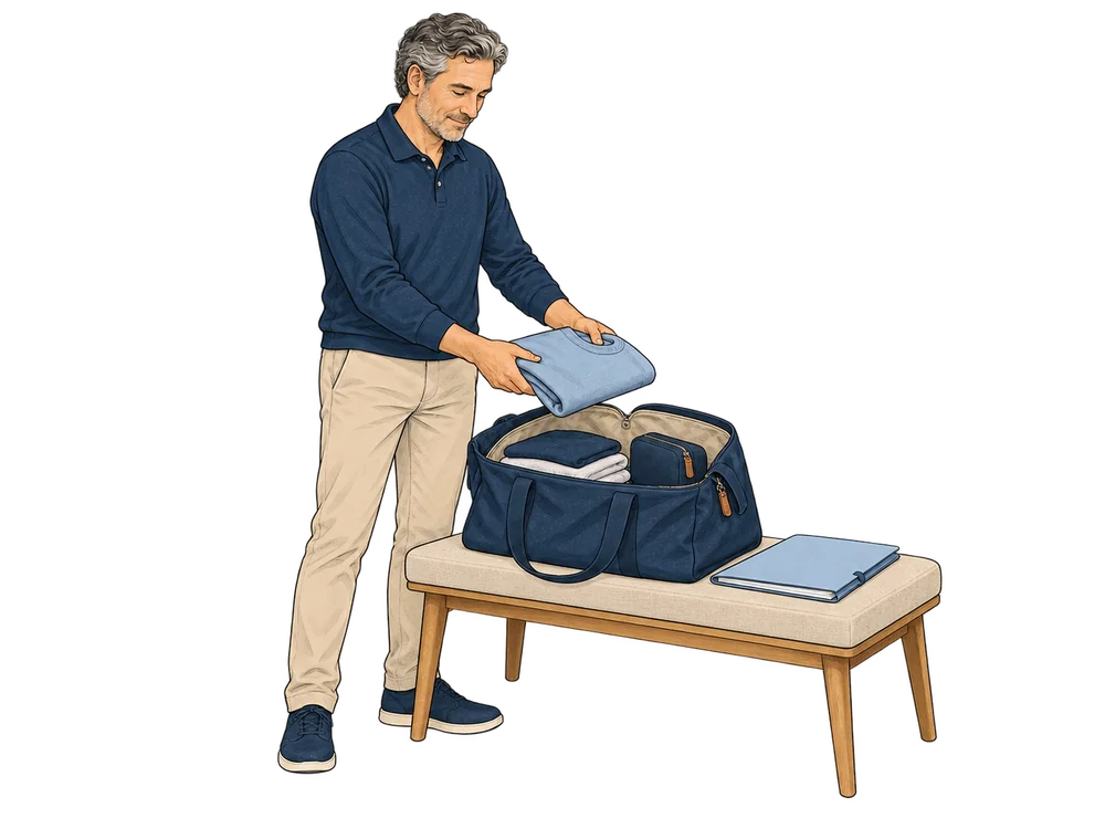 Un patient prépare son petit sac et ses documents avant son séjour à la clinique.