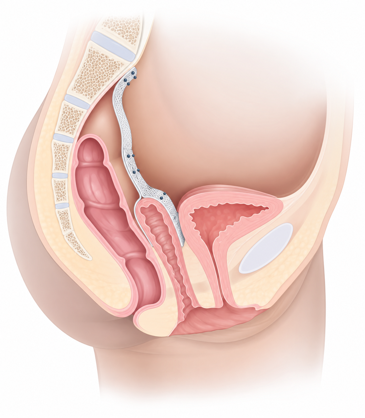 Coupe du bassin féminin illustrant une bandelette de soutien fixée vers le sacrum lors d’une promontofixation.