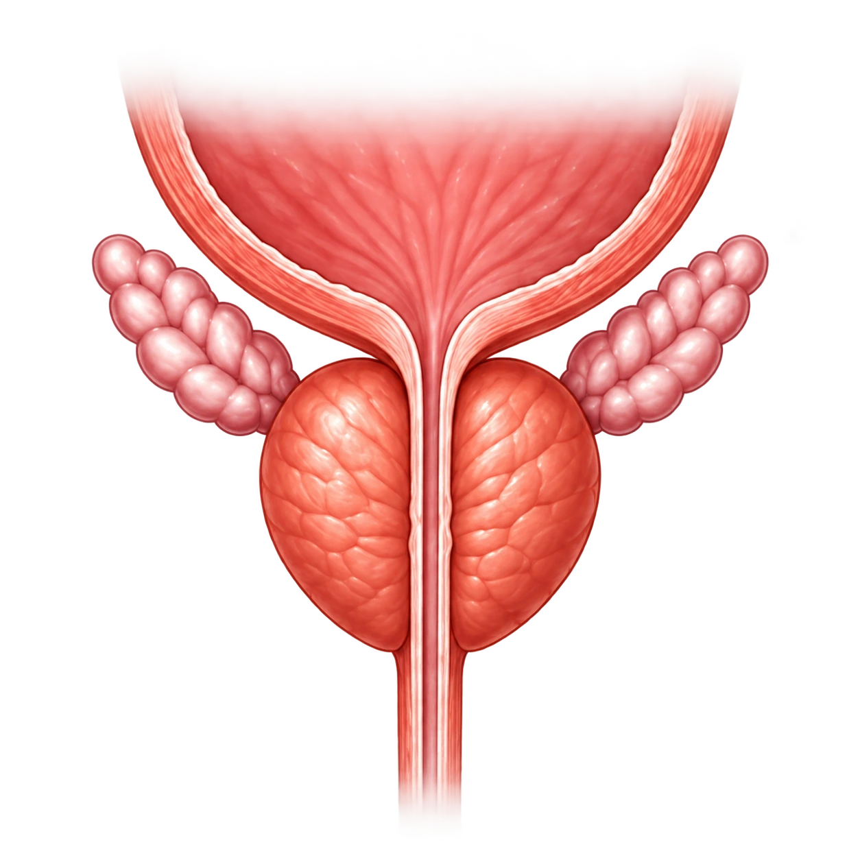 Illustration de la prostate entourant l’urètre, sous la vessie.