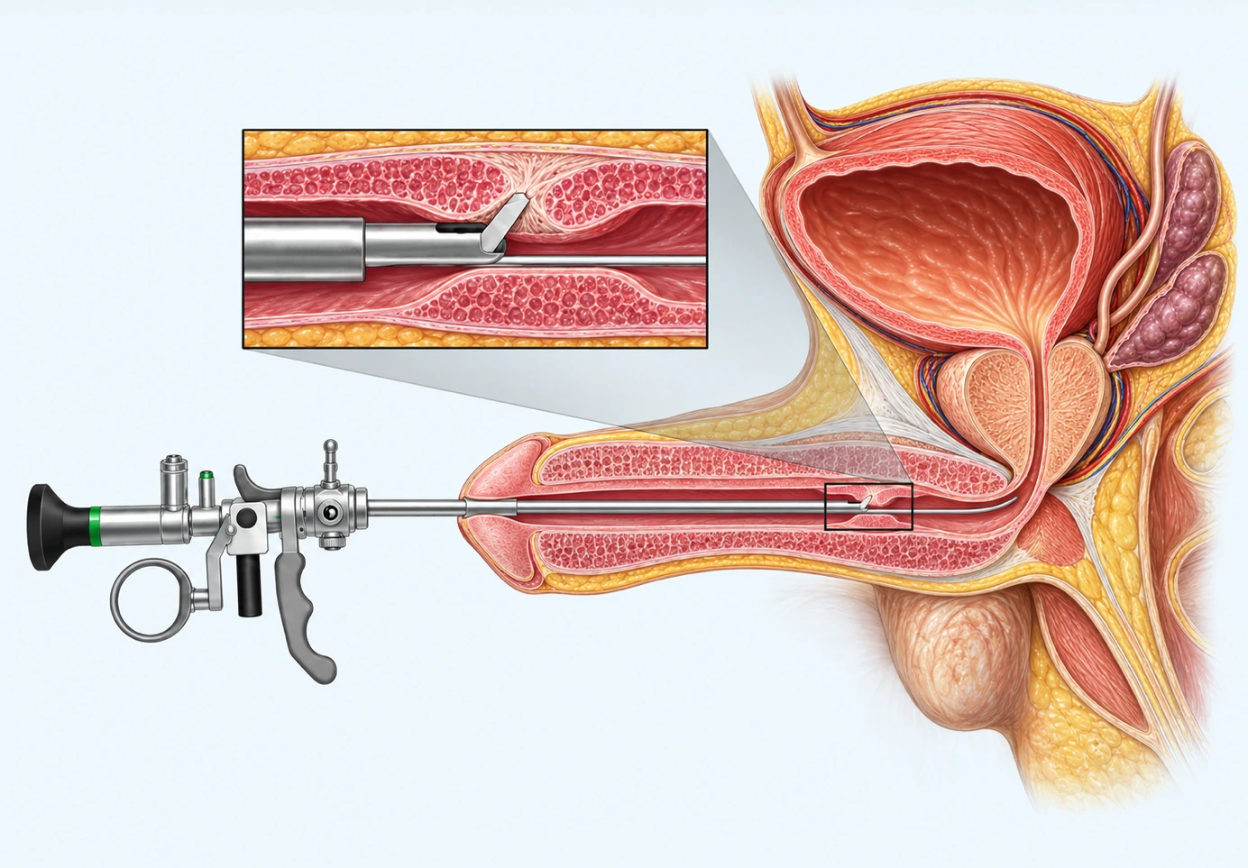 Urétrotomie interne : un endoscope passe par l’urètre et une lame incise la zone rétrécie, présentée en détail dans un agrandissement.