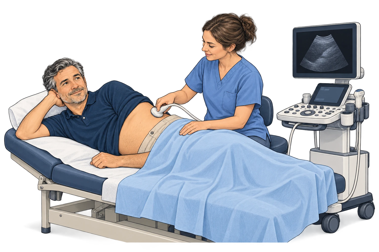 Un professionnel réalise une échographie au niveau du flanc d’un patient.