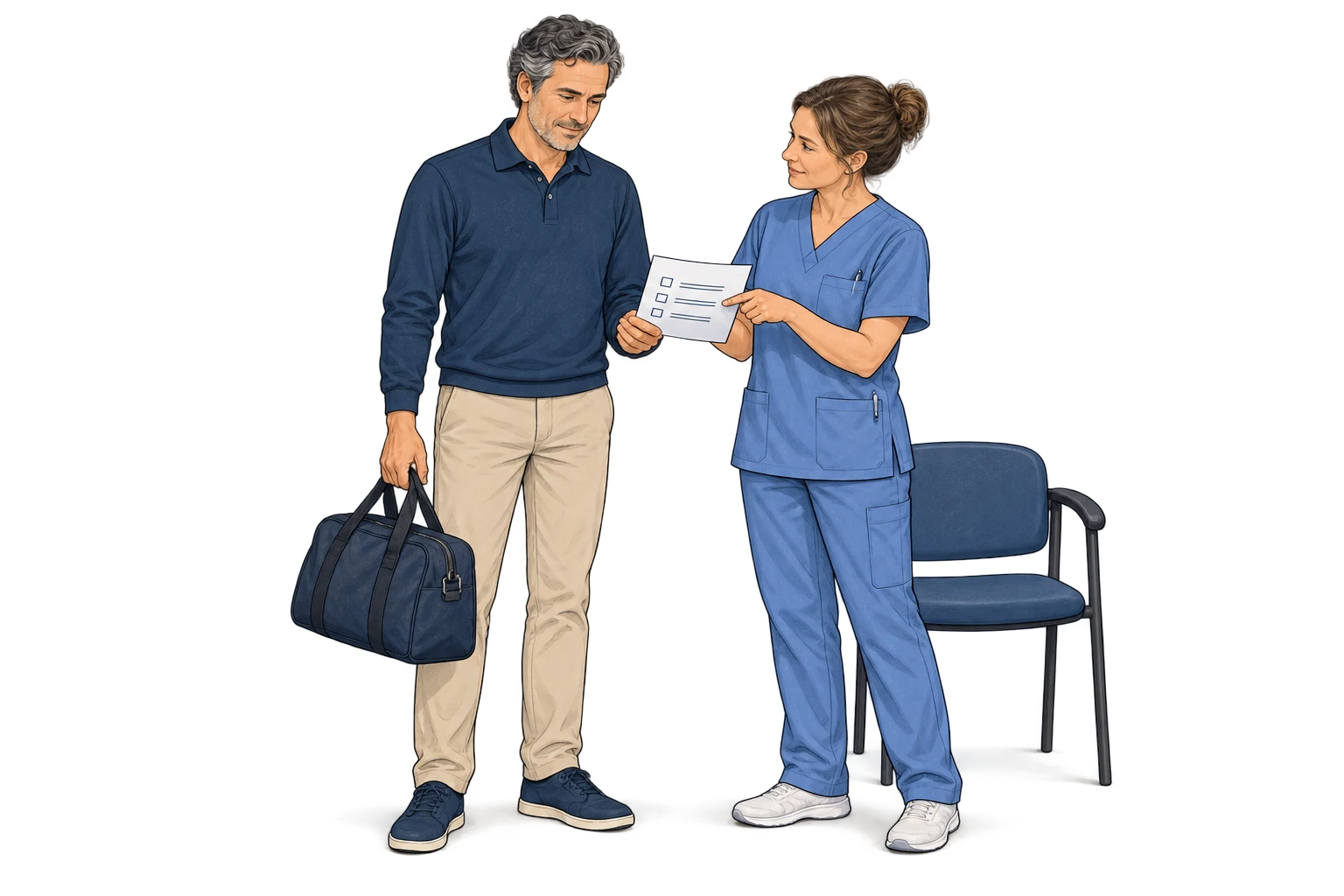 Une soignante explique les consignes de sortie à un patient habillé, documents en main.